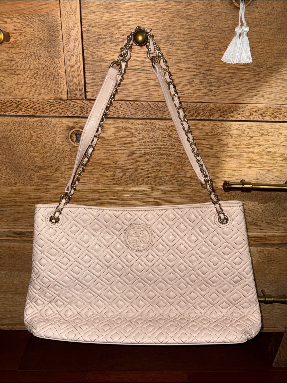 Tory Burch Quilted Diamond Slouchy Chain Shoulder Bag Tote Pale Pink